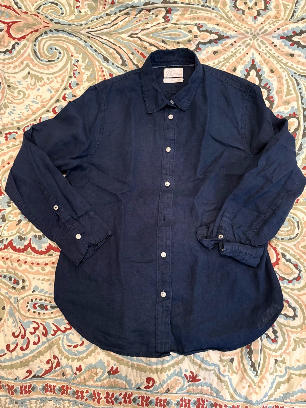 J.CREW Baird McNutt 100% Irish Linen Slim Button Down Shirt 10 Navy Blue Coast